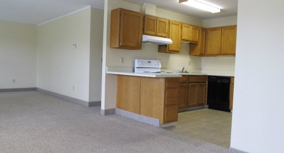 Dining area, living room and kitchen