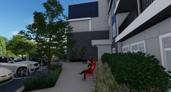 Sitting area along an exterior walkway at Marketview Apartments in Ithaca, NY